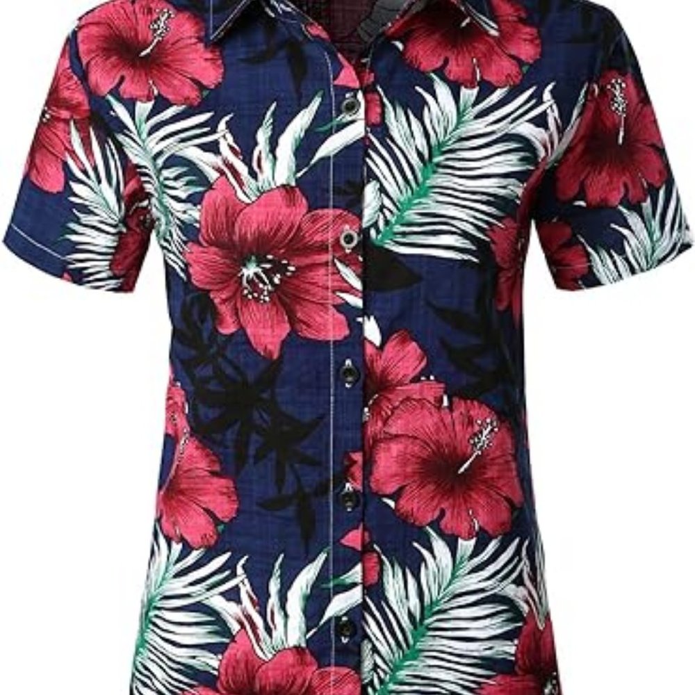 Women's Floral Blouse Casual Button Down Short Sleeve Aloha Hawaiian Shirt